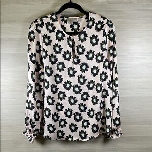 Ted Baker Long Sleeve Powder Pink and Black Floral Blouse Keyhole | Medium